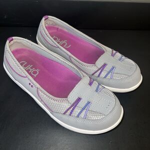 Ryka Tang Slip-On Comfort Shoes, Leather Upper, Gray&Purple Loafers Flats Size 8